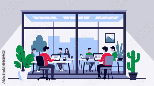Modern Office Space with People Working vector illustration
