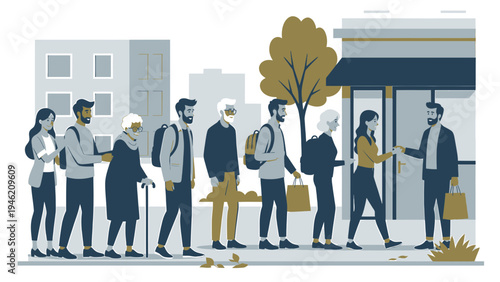 Line of People Waiting Outside a Store vector illustration