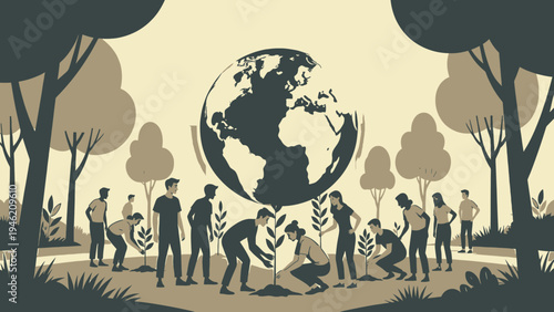 Volunteers Planting Trees with Globe Background vector illustration