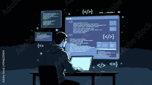 Software Developer Coding at Night vector illustration