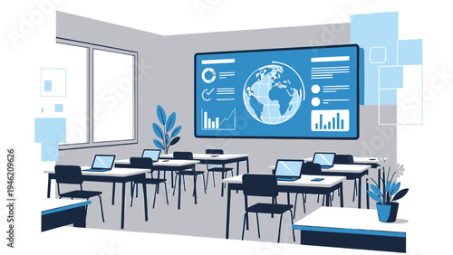 Modern Classroom with Interactive Smartboard vector illustration