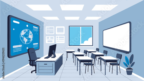 Classroom Interior with Desks Boards and Computer vector illustration