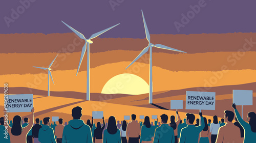 Renewable Energy Day Protest at Sunset vector illustration