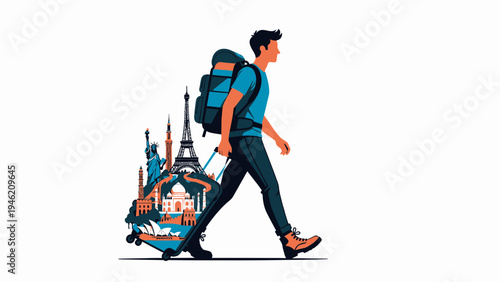 Backpacker with World Landmarks Suitcase vector illustration