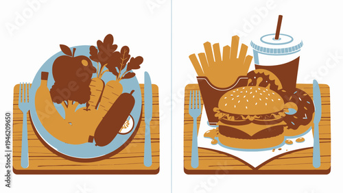 Healthy And Unhealthy Eating Choices Concept vector illustration