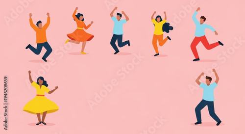 Vibrant illustration of a diverse group of joyful people dancing and celebrating together, expressing happiness, energy, and freedom of movement against a cheerful background