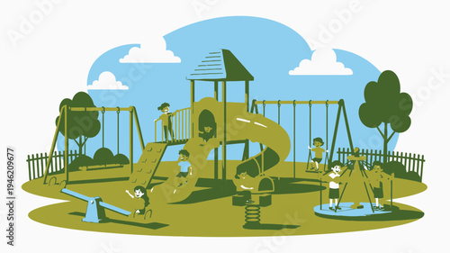 Cartoon Children's Playground with Kids vector illustration