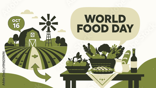 World Food Day Banner with Farm Scene and Produce vector illustration