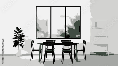 Minimalist Dining Room Interior with Large Window vector illustration