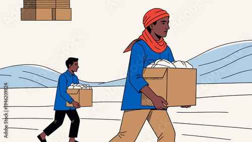 Workers Carrying Cardboard Boxes in Snowy Landscape vector illustration