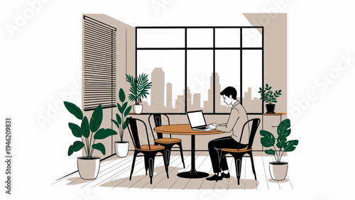 Freelancer Working at Home with City View vector illustration