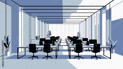 Modern Empty Office Space with Desks and Chairs vector illustration