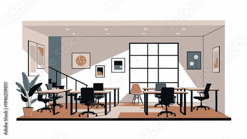 Modern Office Space with Desks and Plants vector illustration