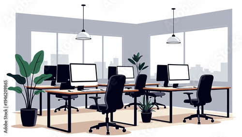 Modern Open Office Space with Desks and Computers vector illustration