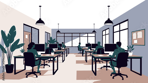 Open Office Space with Workers and Plants vector illustration