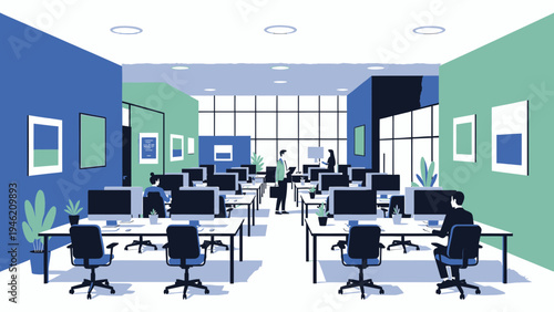 Modern Open Plan Office with Workers vector illustration