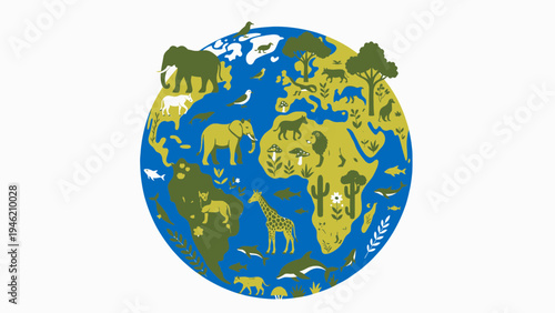 World Map with Animals and Trees vector illustration