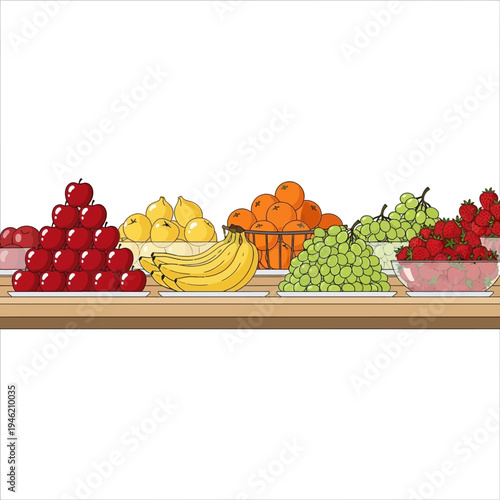 Abundant Variety of Fresh Fruits Displayed on a Wooden Shelf