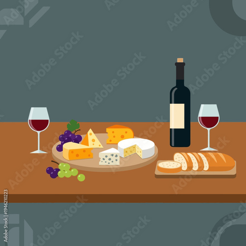 Wine and Cheese Platter with Bread and Grapes on a Wooden Table