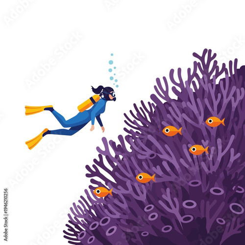 Scuba diver exploring vibrant purple coral reef with small orange fish swimming