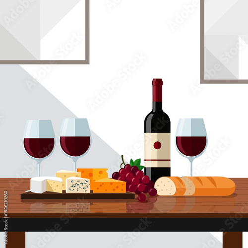 Wine and cheese platter with grapes and bread on a table