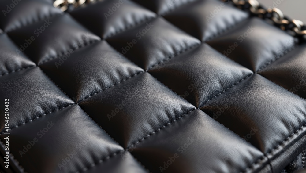 Fototapeta premium Close up texture of black quilted leather with visible stitching and a hint of chain strap