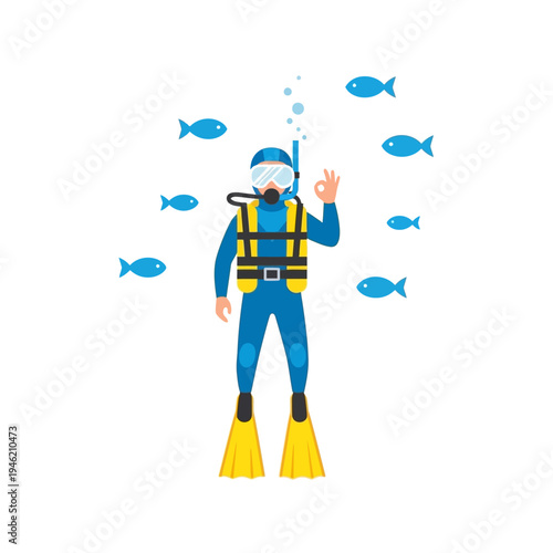 Scuba Diver Giving Ok Sign Surrounded by Blue Fish Underwater