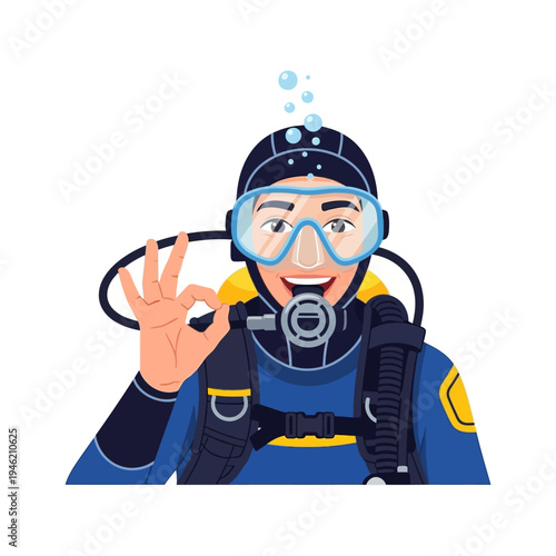 Scuba Diver Giving OK Sign Underwater with Bubbles