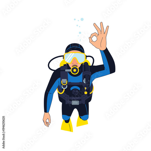 Scuba diver giving ok sign underwater, bubbles rising, blue and black wetsuit, yellow fins