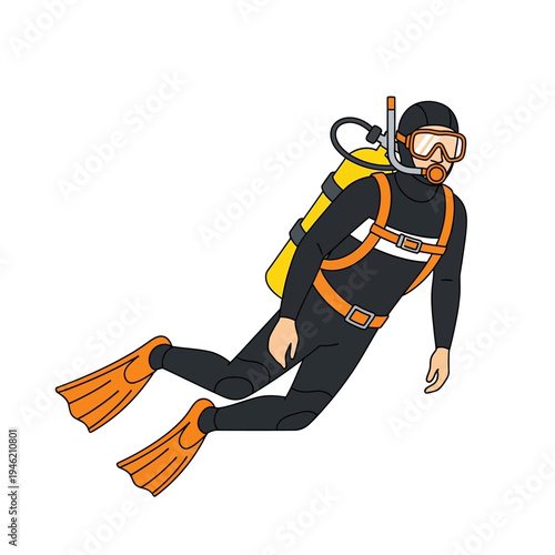 Scuba Diver in Black Wetsuit and Orange Fins Underwater with Yellow Tank