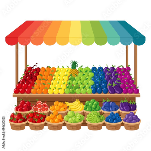 Colorful fruit stall with fresh produce displayed in baskets and on shelves under a rainbow awning.