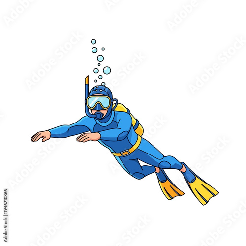 Scuba Diver in Blue Wetsuit Swimming Underwater with Bubbles