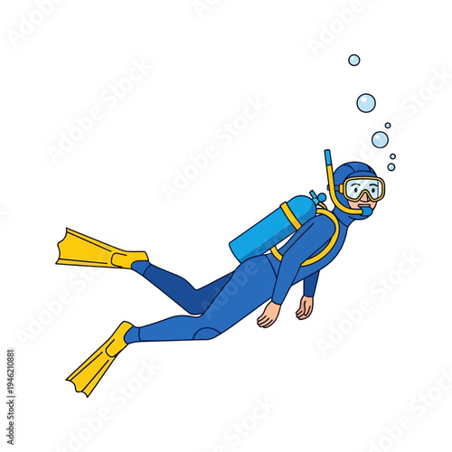 Scuba diver in blue wetsuit swimming underwater with yellow fins and air bubbles