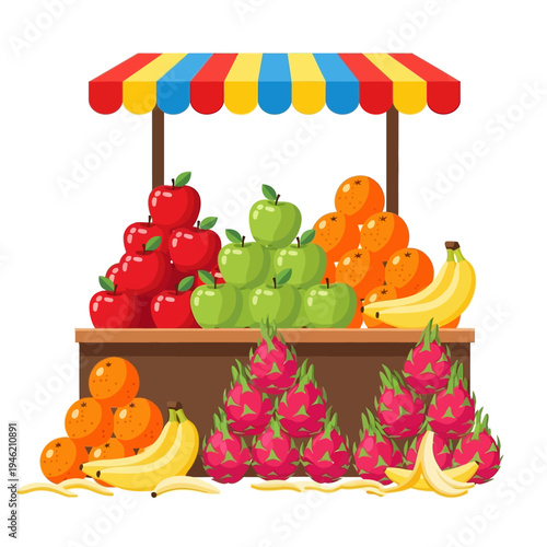 Fresh Fruit Stall Display: Apples, Oranges, Bananas, Dragon Fruit Variety