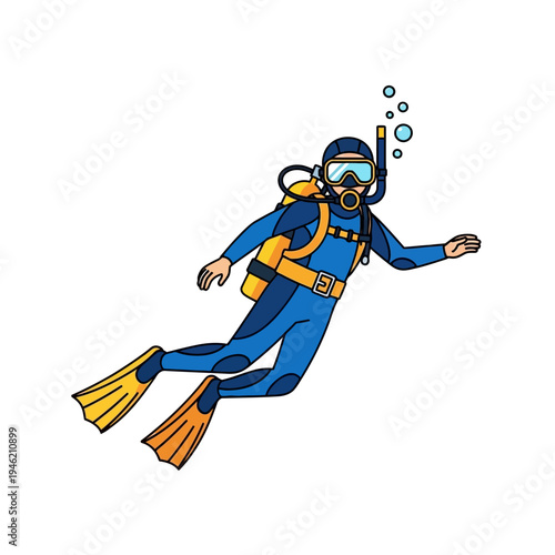 Scuba Diver in Blue Wetsuit Swimming Underwater with Yellow Tank and Fins
