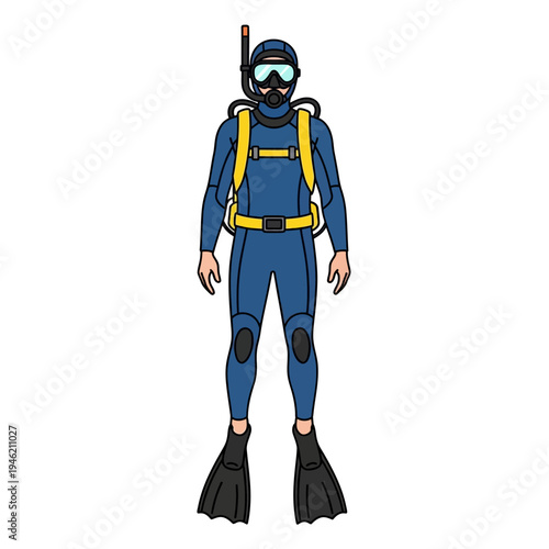 Scuba Diver in Full Gear: Wetsuit, Mask, Snorkel, Fins, and Tank
