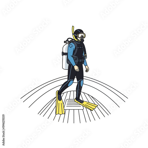 Scuba Diver in Full Gear Walking on a Boat Deck Ready for Underwater Adventure