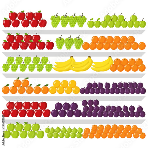 Fresh Fruits Assortment on Shelves: Apples, Grapes, Oranges, Bananas, and Blueberries