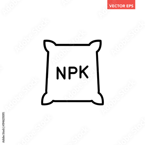Black single NPK garden fertilizer line icon, farming plant fertilizer bag flat design vector pictogram, infographic interface element for app logo web button ui ux isolated on white background