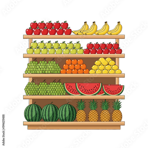 Fresh Fruits Displayed on Wooden Shelves: Apples, Bananas, Grapes, Oranges, Lemons, Watermelons, Pineapples