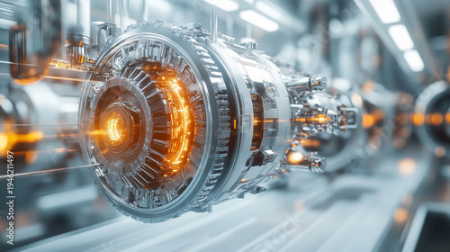 Futuristic fusion reactor core with glowing orange plasma energy and intricate mechanical components in a clean high tech laboratory facility environment