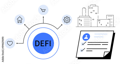 DEFI hub with icons representing home, shopping, gear, heart document with profile and checkmarks background with cityscape. Ideal for blockchain, decentralization, finance, technology, innovation