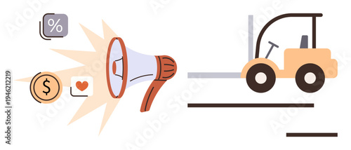 Advertising, logistics, marketing strategy, supply chain, retail management, business operations. Megaphone with percentage, dollar heart icons next to forklift. Advertising and logistics