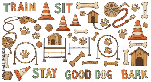 Flat lay of various dog training themed icons and words on a white background.