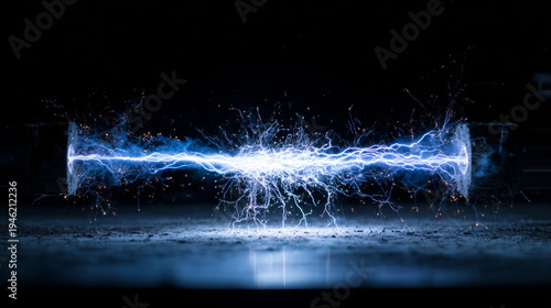 Intense blue electric arc discharge with bright sparks and plasma light effects between two electrodes on a dark background, illustrating high voltage power and energy.