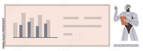 Artificial intelligence, robotics, data visualization, analytics, technology trends, and automation. Robot reviewing bar graph data and taking notes. Artificial intelligence and data visualization