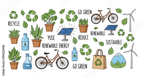 Flat lay illustration of eco-friendly icons and symbols promoting sustainability and renewable energy on a clean white background.