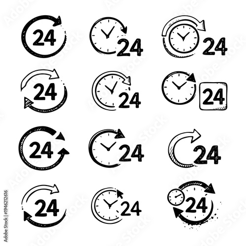 Collection of hand drawn twenty four hours service clock icon set