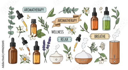 Flat lay of aromatherapy products and herbs with labels on a white background conveying relaxation.