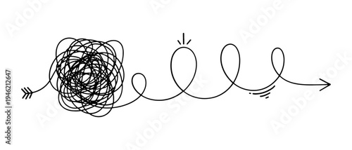 Hand drawn tangled line messy arrow showing simple path solution concept